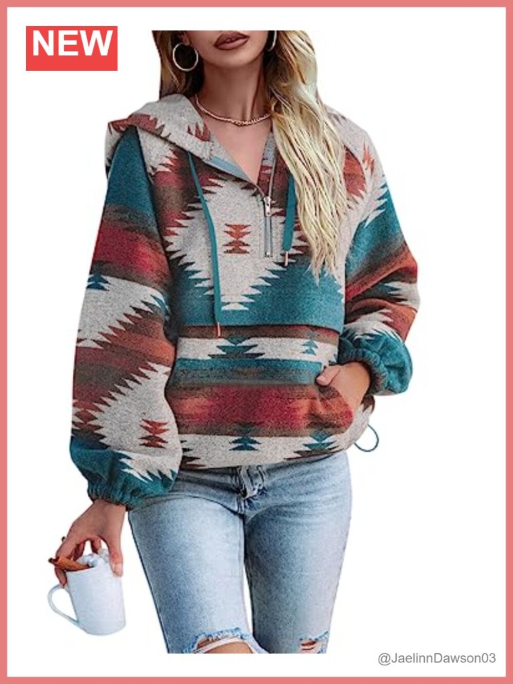Womens Aztec Zip Up Hoodie Boho Western Sweatshirt Pullover Top
